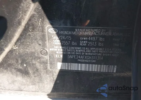 2016 Hyundai Sonata Se from USA, damaged, VIN 5NPE24AFXGH311314